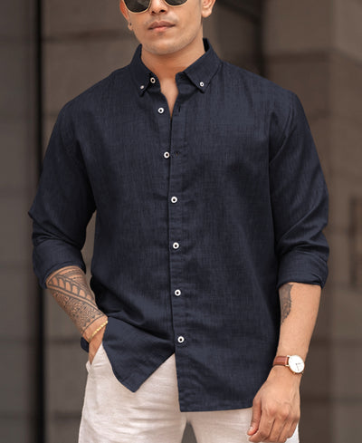 Navy Blue Plain Regular Fit Full Sleeves Shirt
