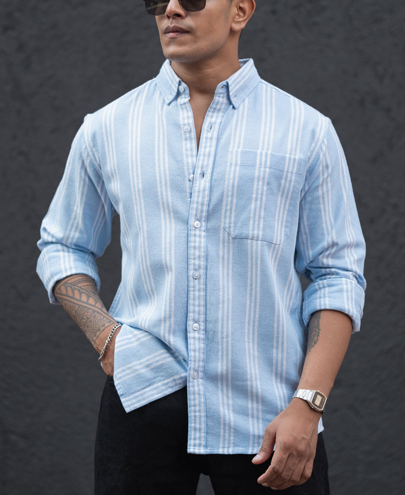 Sky Blue Stripes Regular Fit Full Sleeves Shirt