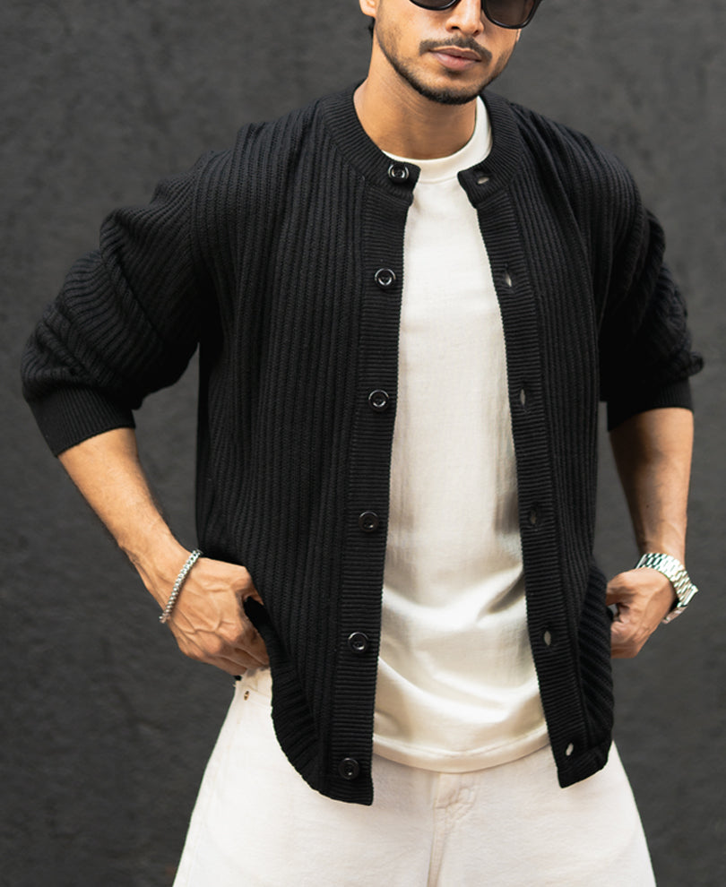 Black Regular Fit Full Sleeves Sweater Jacket