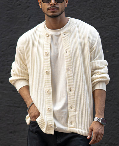 Off White Regular Fit Full Sleeves Sweater Jacket