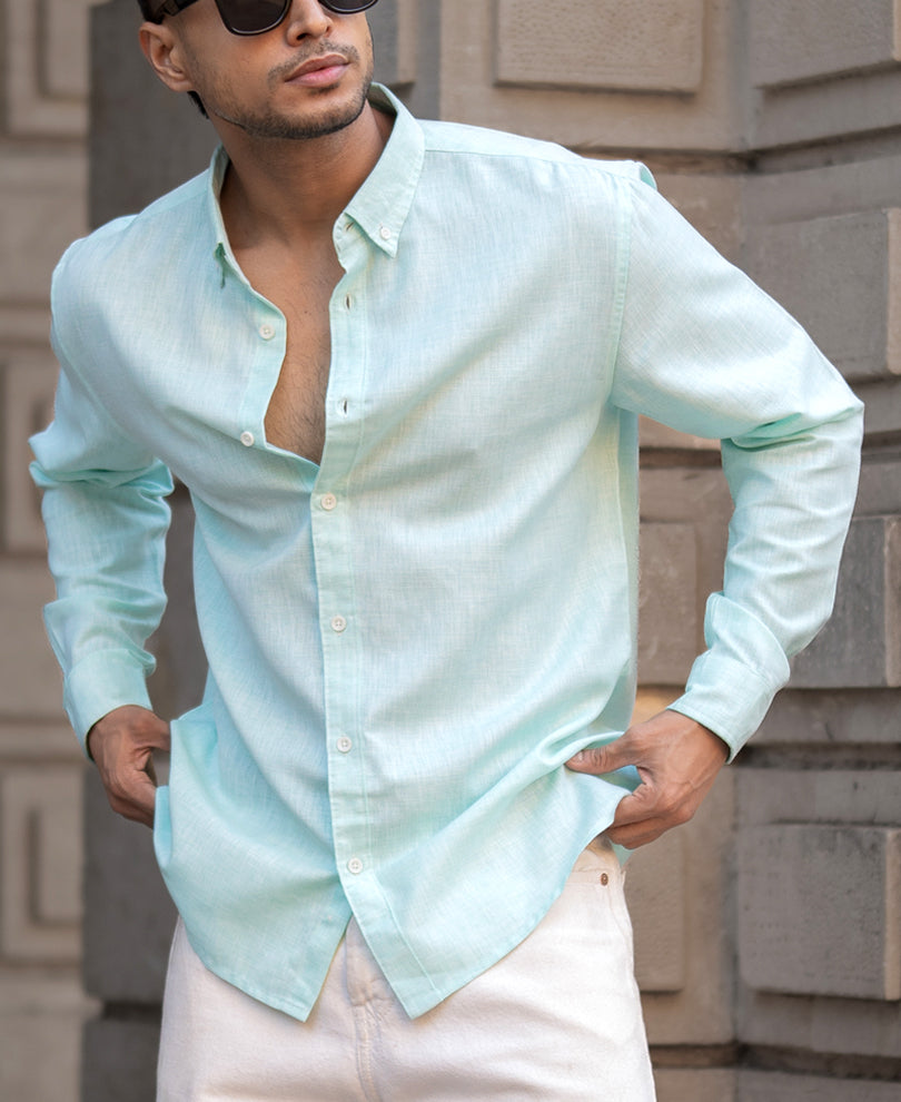 Light Green Plain Regular Fit Full Sleeves Shirt