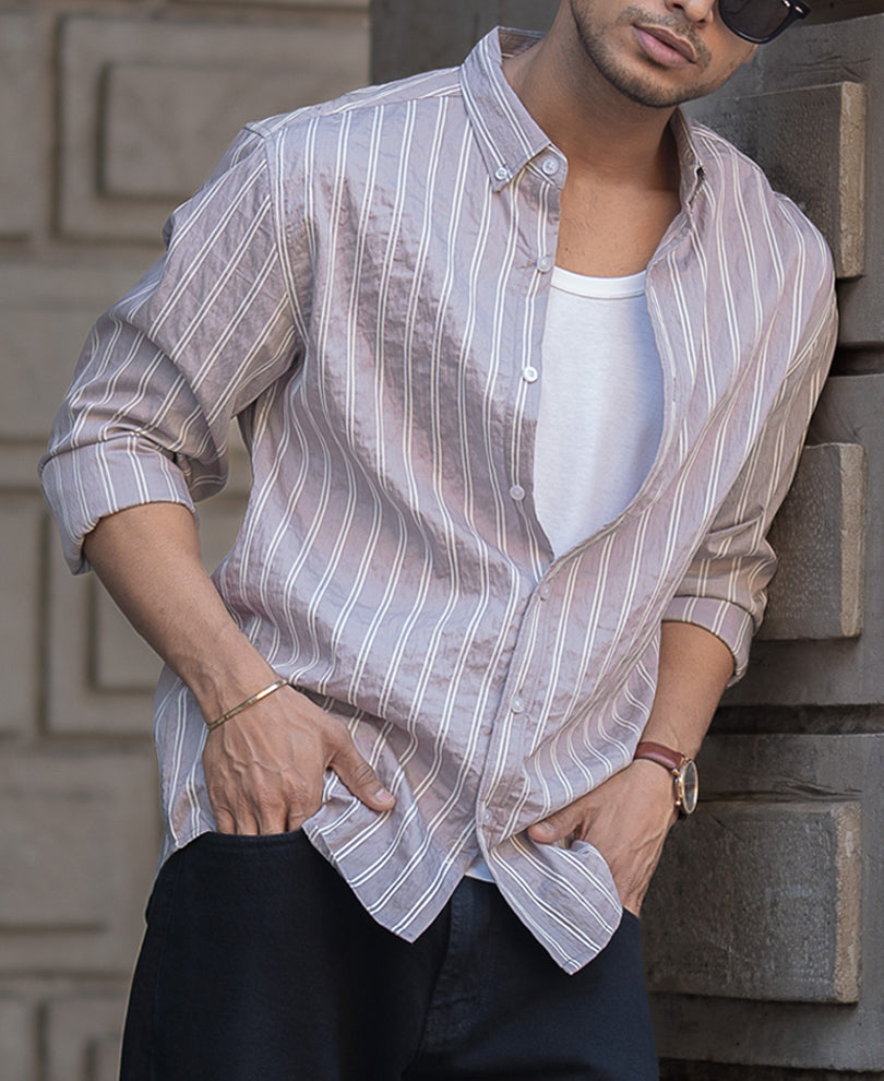 Beige Stripes Regular Fit Full Sleeves Shirt