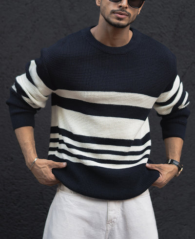 Navy Blue And White Stripes Regular Fit Full Sleeves T-Shirt