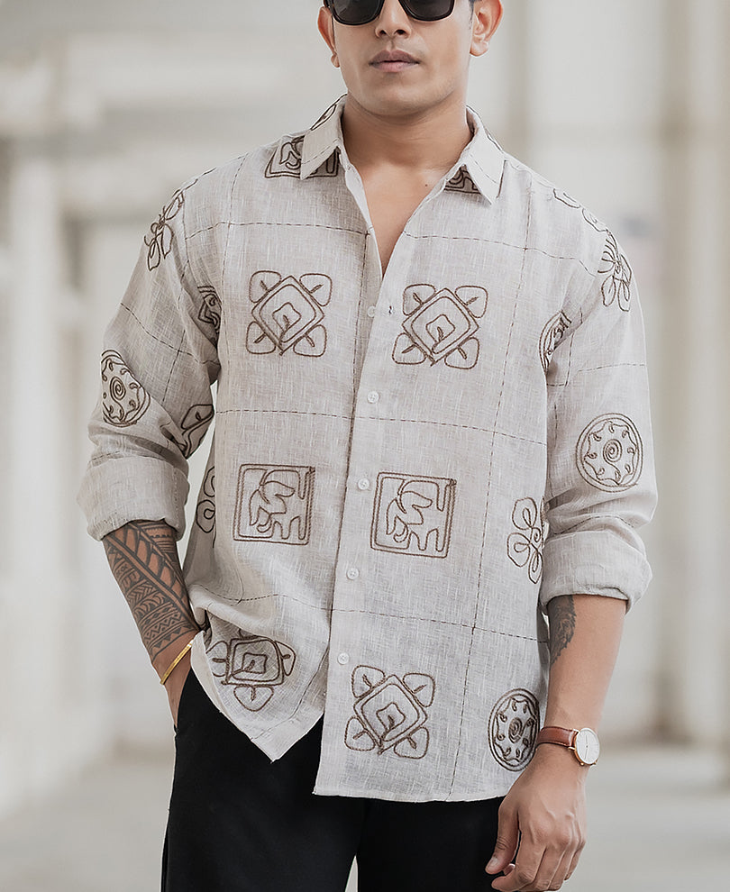 Green Embroidered Natural Shirt