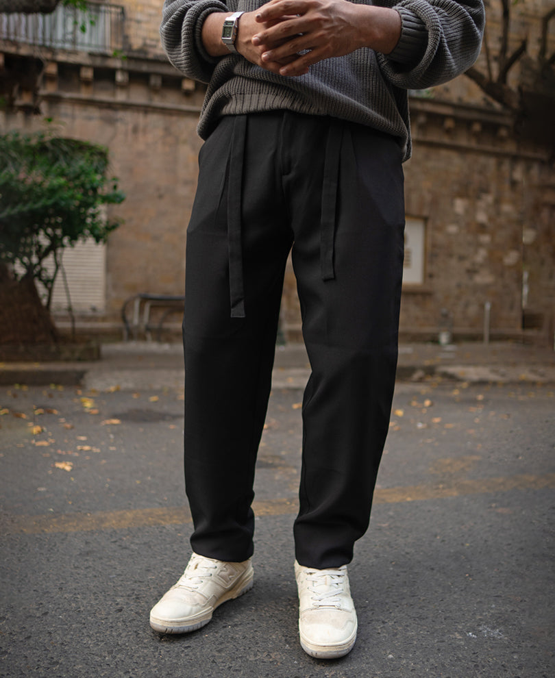 Black Pleated Trousers With Belt
