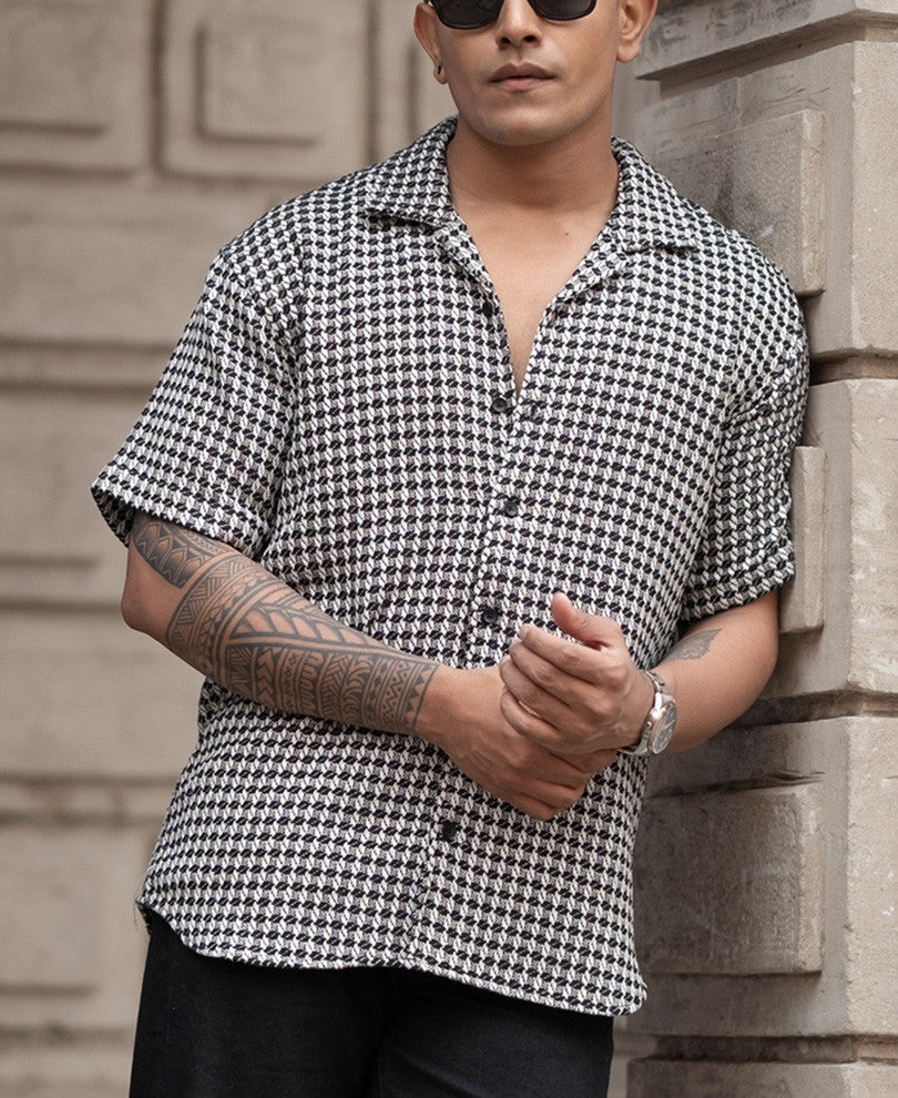 Black And White Structured Regular Fit Half Sleeves Shirt