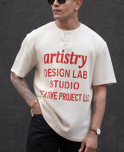 Cream Structured Printed Regular Fit Half Sleeves T-Shirt