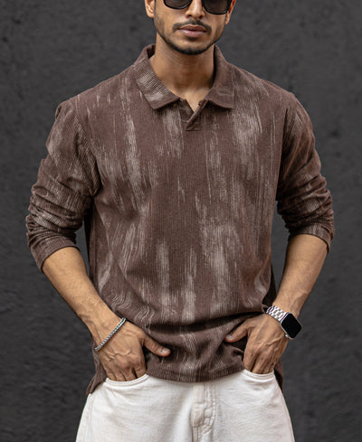 Brown Corduroy Regular Fit Full Sleeves T-Shirt