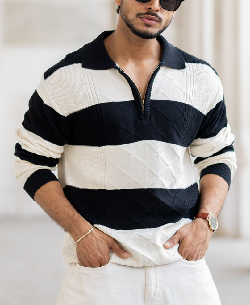 Black And Off-White Regular Fit Full Sleeves T-Shirt