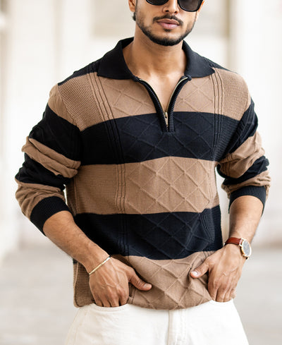 Black And Brown Regular Fit Full Sleeves T-Shirt