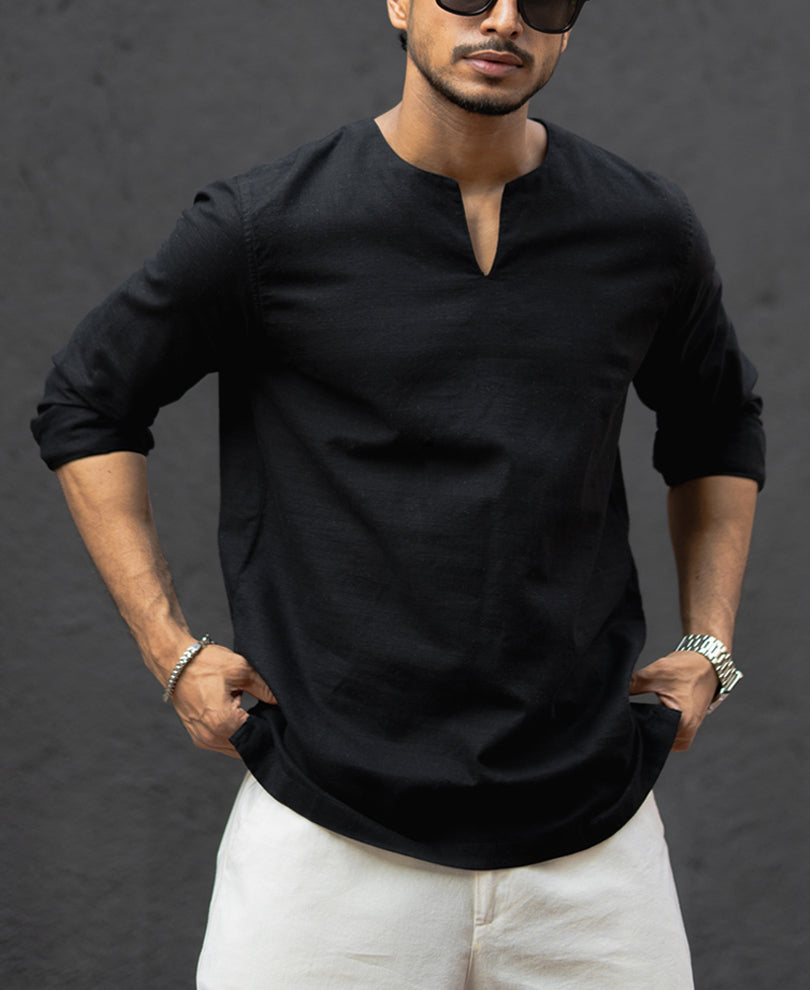 Black Regular Fit Full Sleeves Kurta Style Shirt