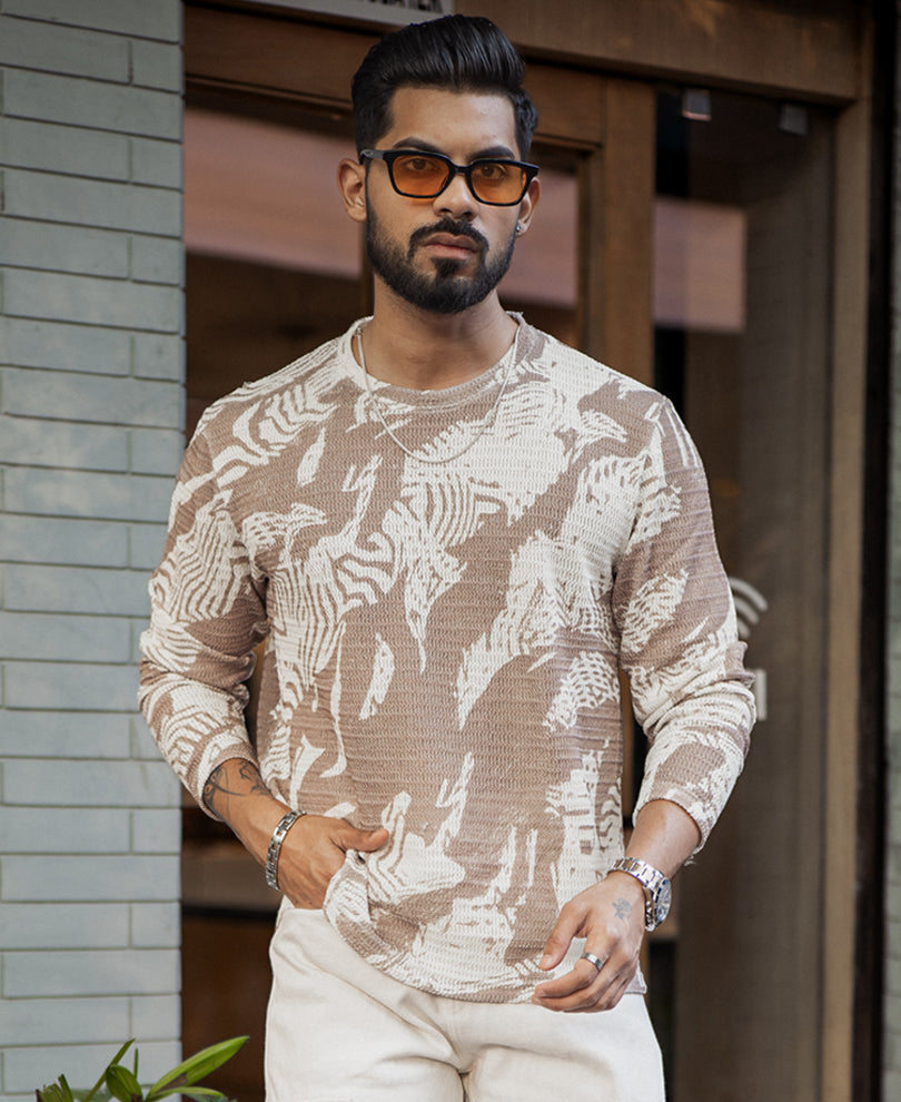 Off-White And Brown Regular Fit Printed Full Sleeves T-Shirt