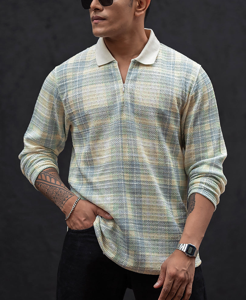 Cream Regular Fit Full Sleeves Collar T-Shirt
