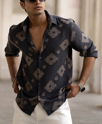 Grey Printed Regular Fit Full Sleeves Shirt