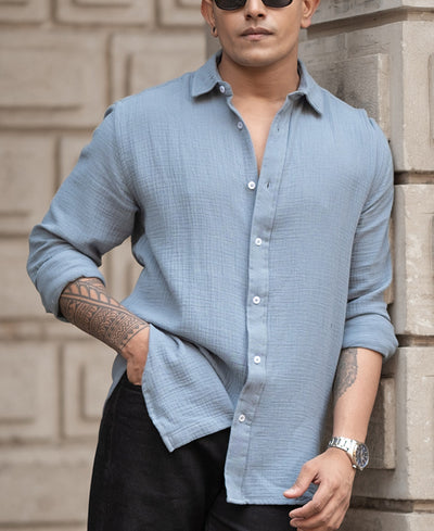 Grey Crinkled Regular Fit Full Sleeves Shirt