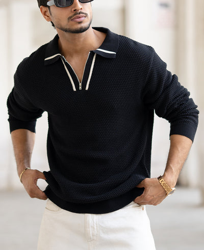 Black Structured Full Sleeves Regular Fit Collar T-Shirt