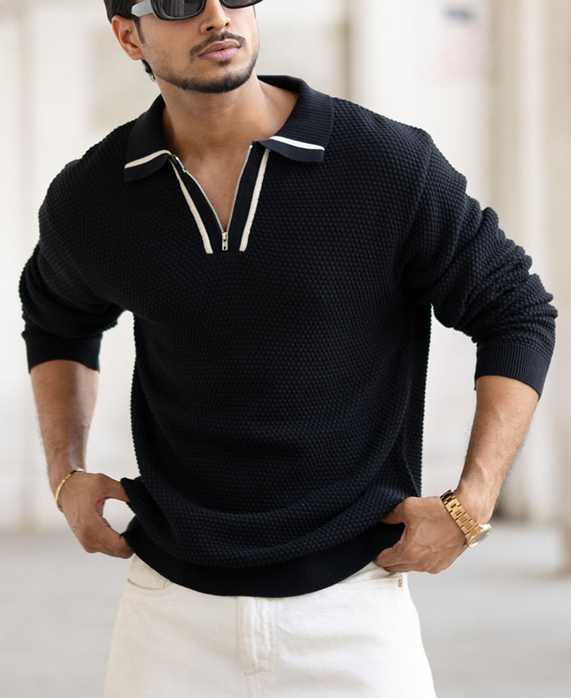 Black Structured Full Sleeves Regular Fit Collar T-Shirt