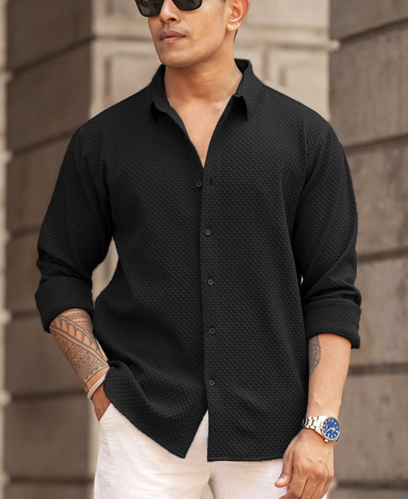 Black Waffle Structured Regular Fit Full Sleeves Shirt