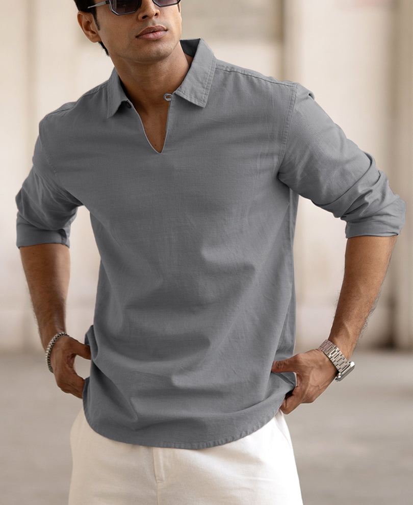Grey Kurta Style Regular Fit Full Sleeves Shirt