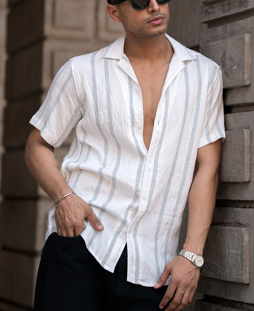 White Micro Striped Flowy Shirt