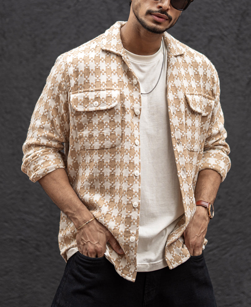 Beige Checks Regular Fit Full Sleeves Shirt