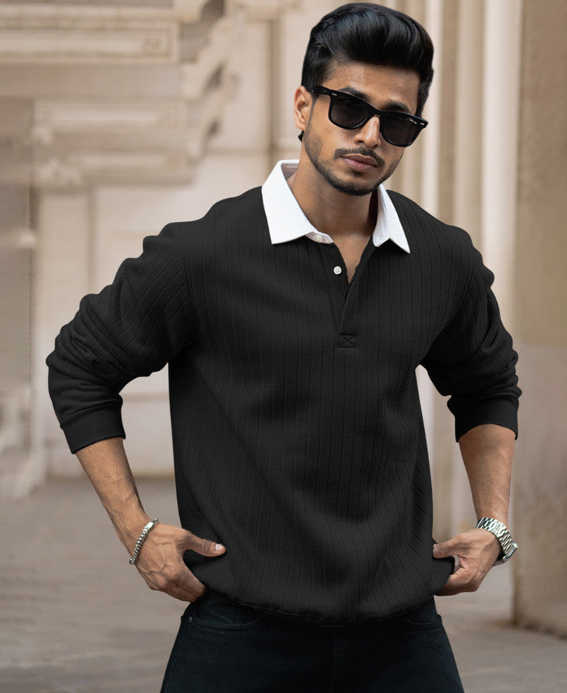 Black Regular Fit Full Sleeves Collar T-Shirt