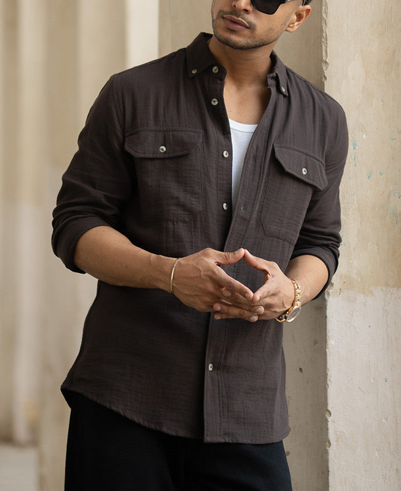 Dark Coffee Double Pocket Regular Fit Full Sleeves Shirt