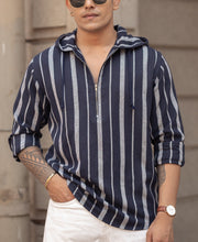 Blue And White Stripes Regular Fit Full Sleeves Hoodie Shirt