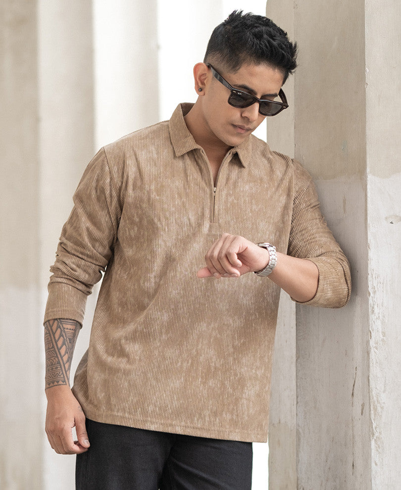 Beige Corduroy Regular Fit T-Shirt
