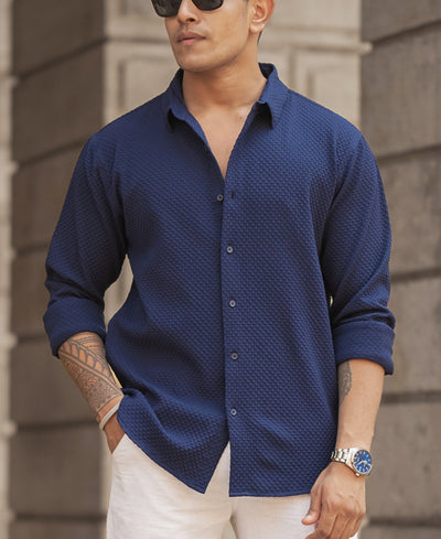 Navy Blue Structured Regular Fit Shirt