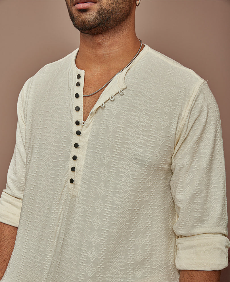 Cream Structured Kurta Style Regular Fit Full Sleeves Shirt