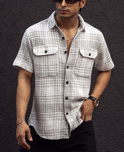 Grey and Off White Regular Fit Waffle Checks Shirt