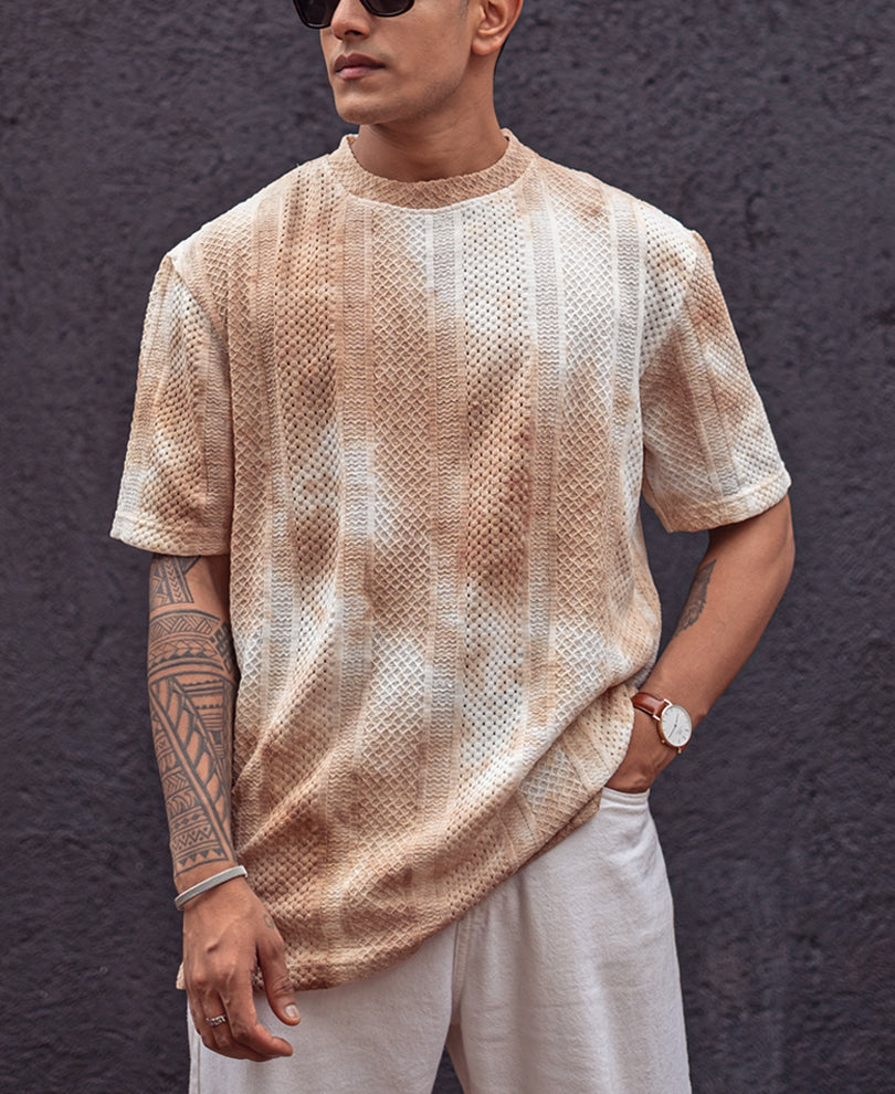 Light Brown Oversized Structured Tie Dye Print Half Sleeves T Shirt