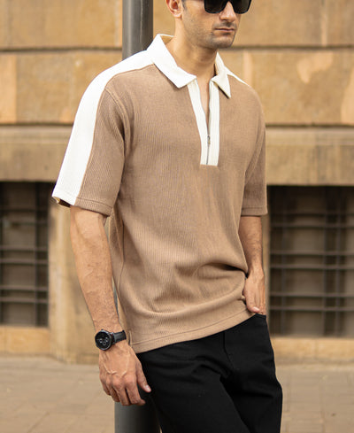 Beige Colour Blocked Polo T-Shirt