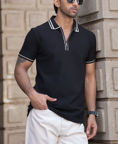 Black Regular Fit Structured Half Sleeves T-Shirt
