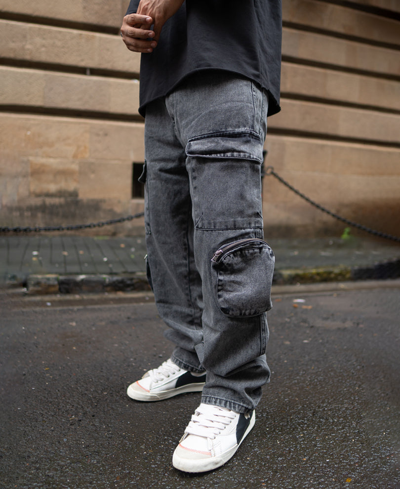 Carbon Black Baggy Fit Cargo Jeans