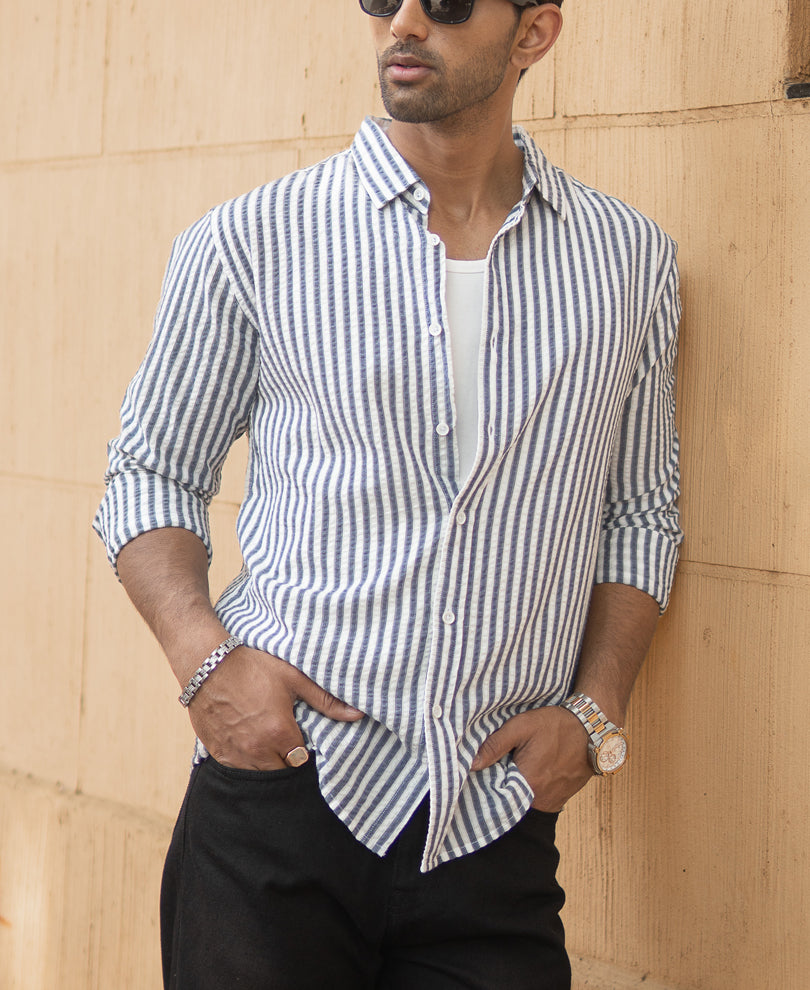 Navy Seersucker Stripe Shirt