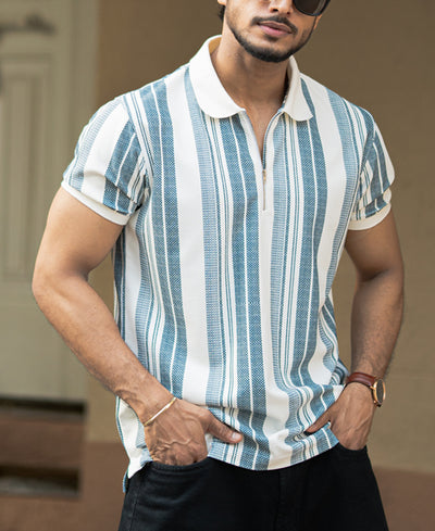 Off-White And Blue Striped Regular Fit Full Sleeves T-Shirt