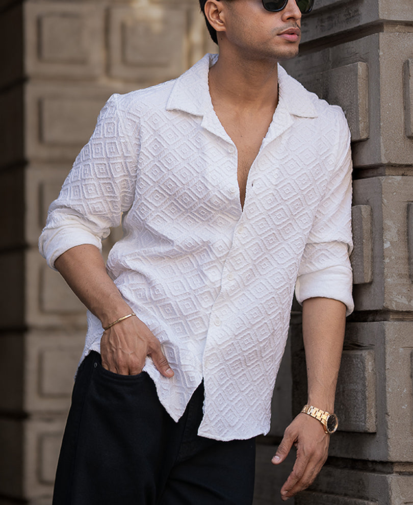 White Geometric Jacquard Shirt