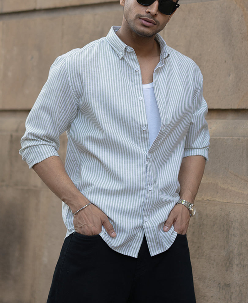 Green And White Stripes Regular Fit Full Sleeves Shirt