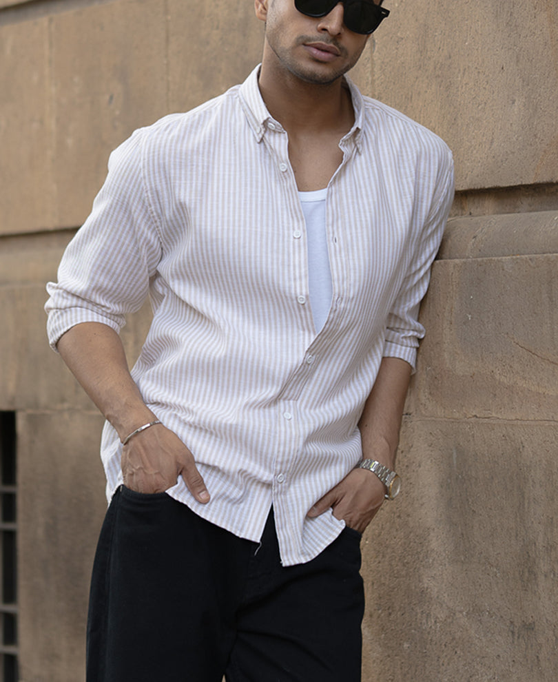 Cream And White Stripes Regular Fit Full Sleeves Shirt
