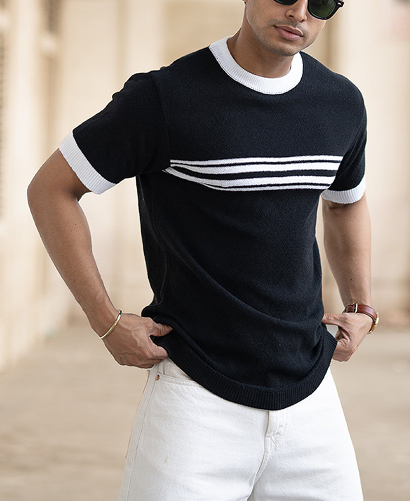 Black Striped Knit T-Shirt
