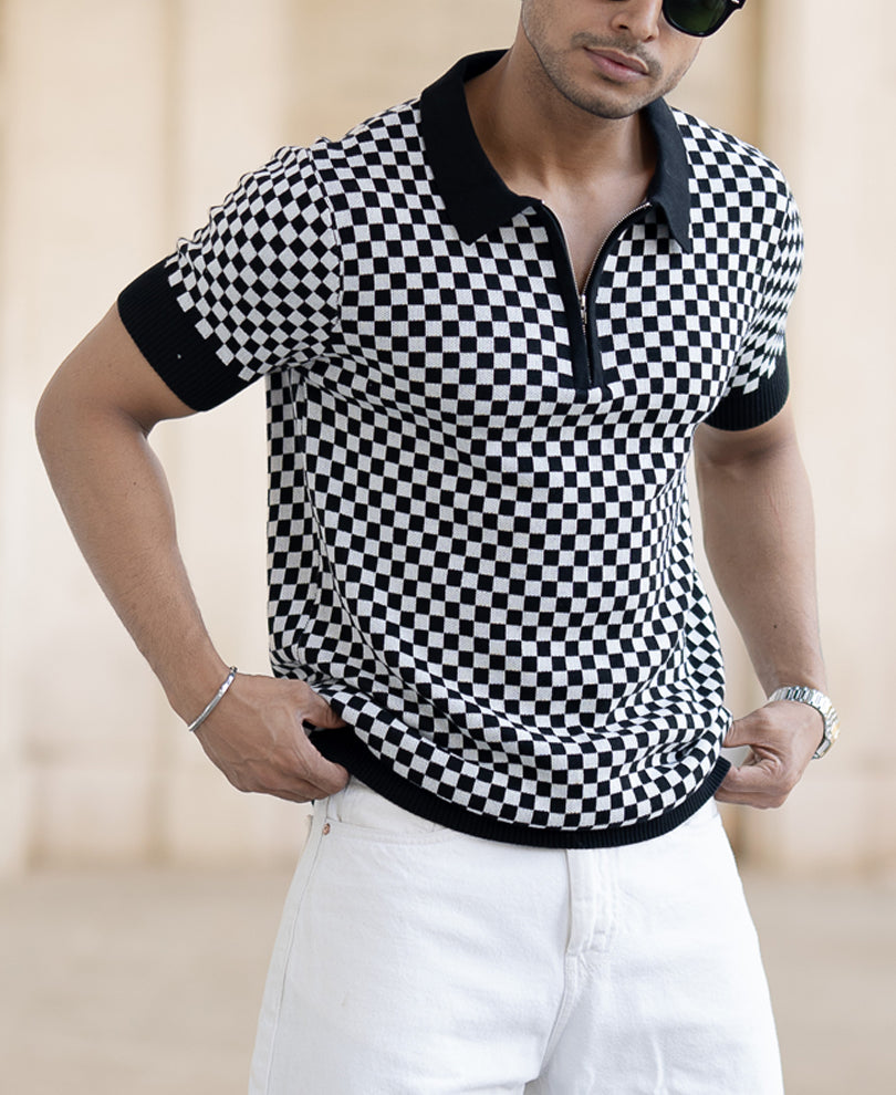 Checkerboard Zipper Polo T-Shirt