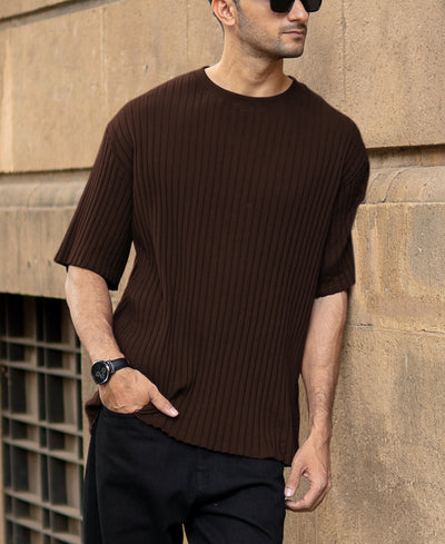 Dark Brown Rib Knit Oversized Half Sleeves T-Shirt