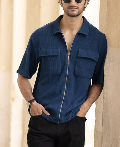 Blue Corduroy Oversized Half Sleeves Shirt