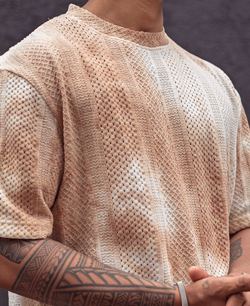 Light Brown Oversized Structured Tie Dye Print Half Sleeves T Shirt