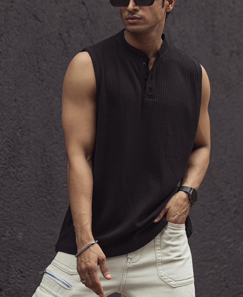 Black Structured Sleeveless Vests