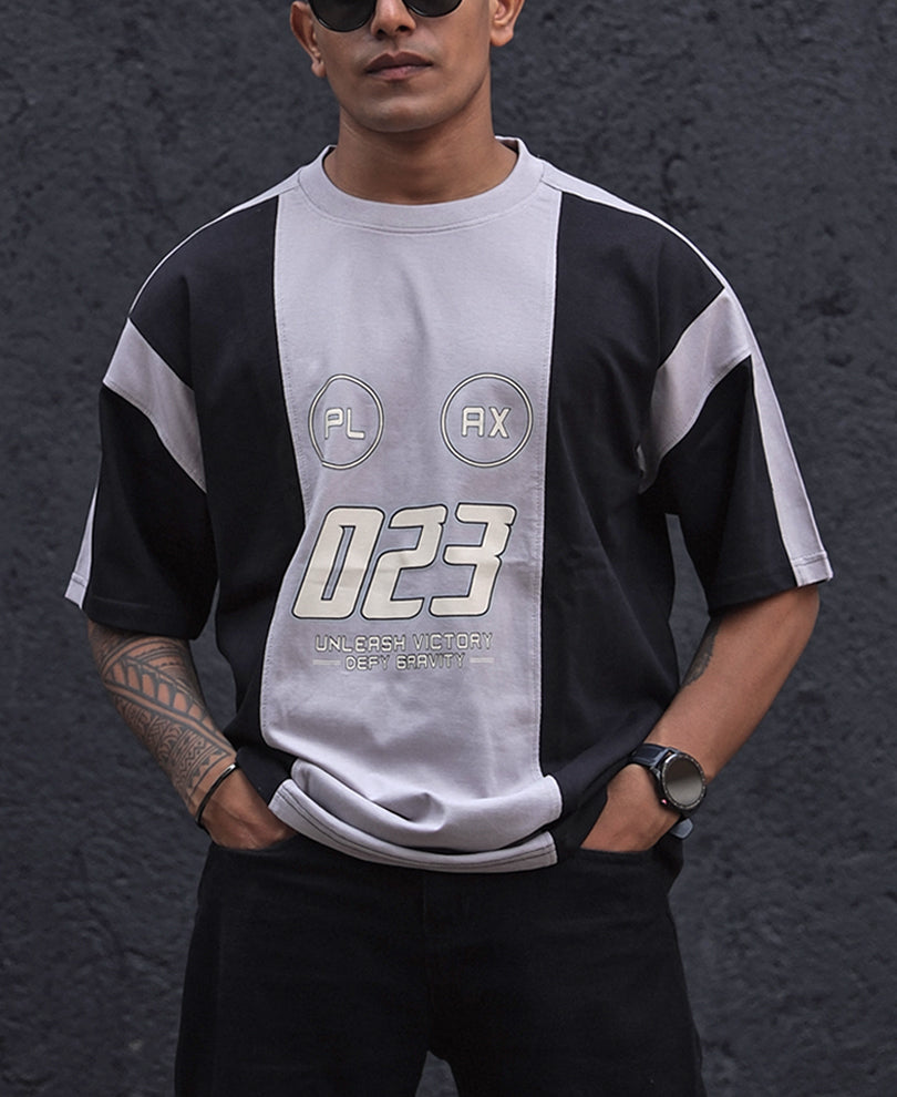 Grey and Black Printed Oversized Half Sleeves T Shirt
