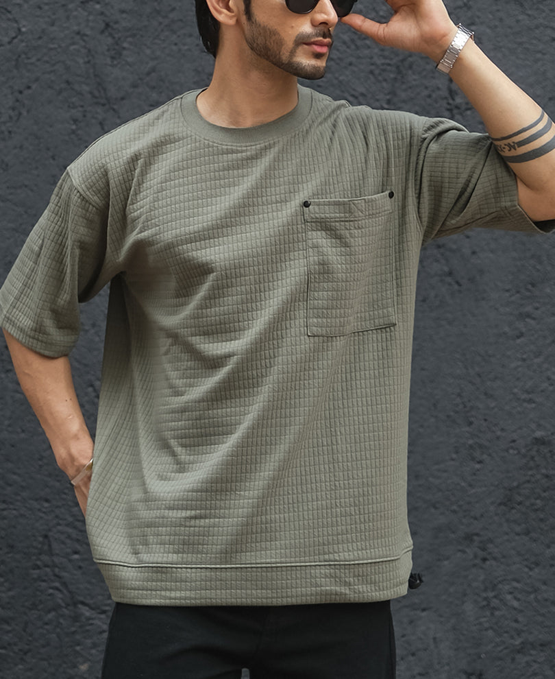 Green Structured Oversized Half Sleeves T Shirt