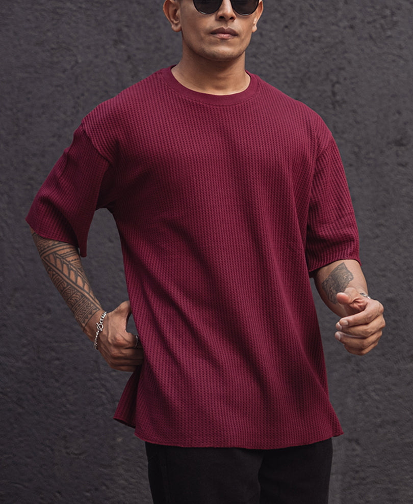 Wine Structured Oversized Half Sleeves T Shirt